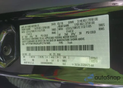 2018 Ford F-150 Raptor z USA, uszkodzony, nr VIN 1FTFW1RG5JFC76185